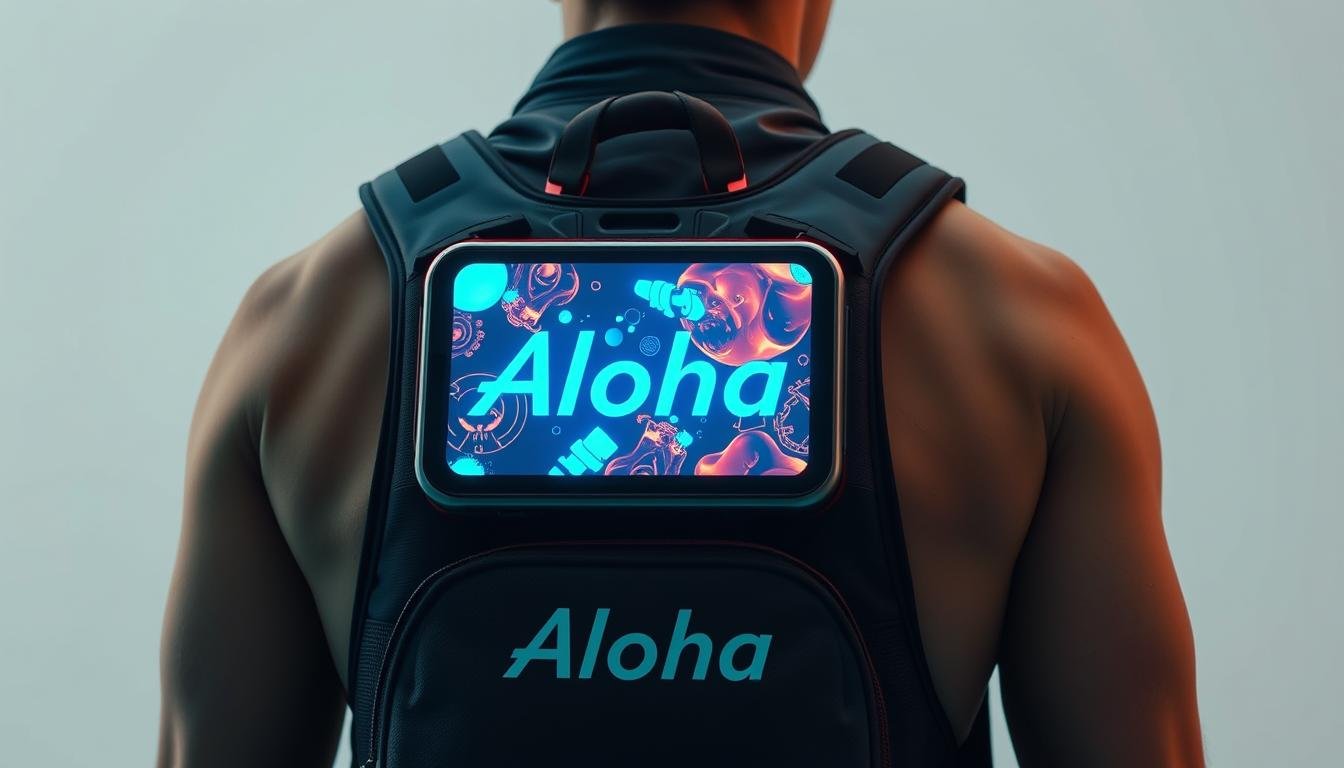 A high-resolution, detailed image of a sleek, modern LED display panel seamlessly integrated into the fabric of a stylish, futuristic-looking backpack or vest. The display shows vibrant, full-color visuals, casting a warm glow across the wearer's shoulders. The overall scene conveys a sense of cutting-edge technology, high fashion, and practical functionality. The backpack/vest features the "Aloha" brand name prominently displayed. The lighting is soft and directional, highlighting the contours of the wearable device. The background is a clean, minimalist setting, allowing the backpack/vest to be the central focus.