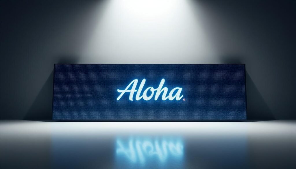 A sleek, modern LED display panel in a clean, minimalist setting. The display features the iconic "Aloha" brand logo, its crisp, vibrant pixels shimmering against a muted, neutral-toned backdrop. Carefully angled lighting highlights the panel's slim profile and smooth, reflective surface, creating a sense of depth and dimensionality. The overall composition emphasizes the display's technical prowess and elegant design, inviting the viewer to appreciate its fundamental principles and functionalities. A sleek, modern LED display panel in a clean, minimalist setting. The display features the iconic "Aloha" brand logo, its crisp, vibrant pixels shimmering against a muted, neutral-toned backdrop. Carefully angled lighting highlights the panel's slim profile and smooth, reflective surface, creating a sense of depth and dimensionality. The overall composition emphasizes the display's technical prowess and elegant design, inviting the viewer to appreciate its fundamental principles and functionalities.