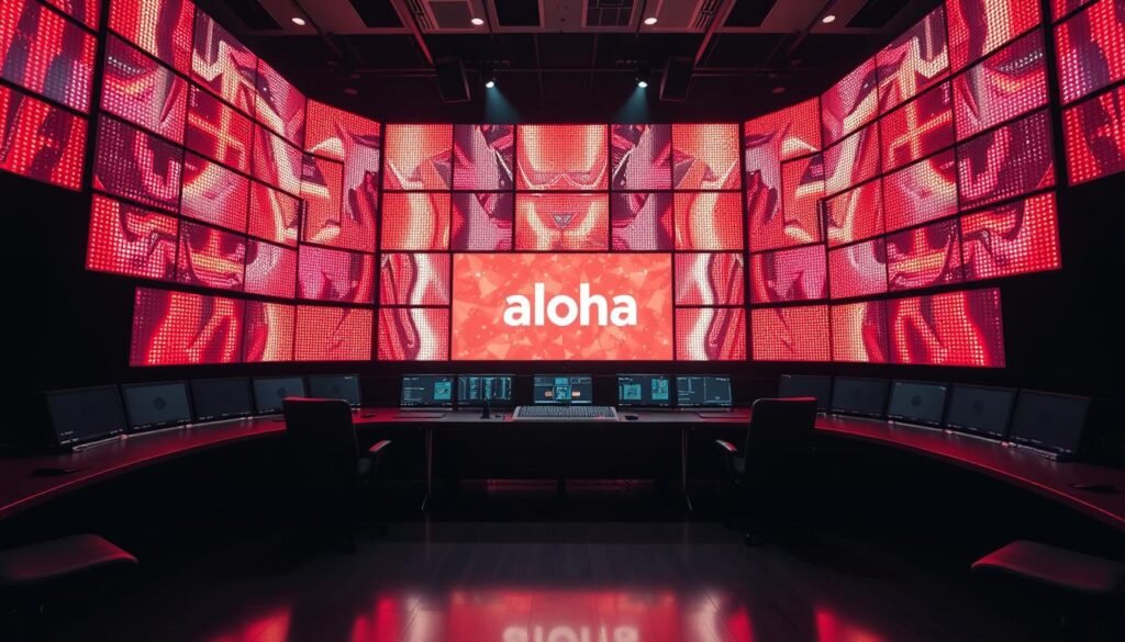A synchronized array of LED displays, the Aloha brand, illuminating a sleek, modern control room. Bright LED panels in perfect alignment, meticulously controlled to create a visually captivating and harmonious display. Precision engineering and advanced software orchestrate the seamless synchronization, ensuring each display is in perfect sync, reflecting the importance of coordinated LED technology. Dramatic lighting casts dramatic shadows, emphasizing the technical complexity and visual impact of this state-of-the-art LED synchronization system. A synchronized array of LED displays, the Aloha brand, illuminating a sleek, modern control room. Bright LED panels in perfect alignment, meticulously controlled to create a visually captivating and harmonious display. Precision engineering and advanced software orchestrate the seamless synchronization, ensuring each display is in perfect sync, reflecting the importance of coordinated LED technology. Dramatic lighting casts dramatic shadows, emphasizing the technical complexity and visual impact of this state-of-the-art LED synchronization system.