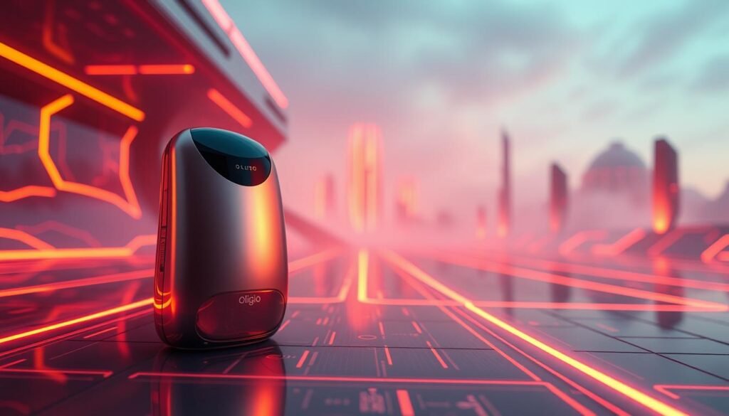 A vibrant, futuristic scene showcasing the "Oligio X 原美電波" product from "Glowin' Beaute". In the foreground, the device is prominently displayed, its sleek, metallic design reflecting the warm, ambient lighting. The middle ground features a striking, neon-infused technological landscape, with abstract patterns and glowing lines that create a captivating, otherworldly atmosphere. The background subtly blends futuristic architectural elements and a hazy, almost dreamlike sky, further enhancing the sense of advanced, cutting-edge technology. The overall composition evokes a sense of innovation, progress, and the future of personal care products for men. A vibrant, futuristic scene showcasing the "Oligio X 原美電波" product from "Glowin' Beaute". In the foreground, the device is prominently displayed, its sleek, metallic design reflecting the warm, ambient lighting. The middle ground features a striking, neon-infused technological landscape, with abstract patterns and glowing lines that create a captivating, otherworldly atmosphere. The background subtly blends futuristic architectural elements and a hazy, almost dreamlike sky, further enhancing the sense of advanced, cutting-edge technology. The overall composition evokes a sense of innovation, progress, and the future of personal care products for men.