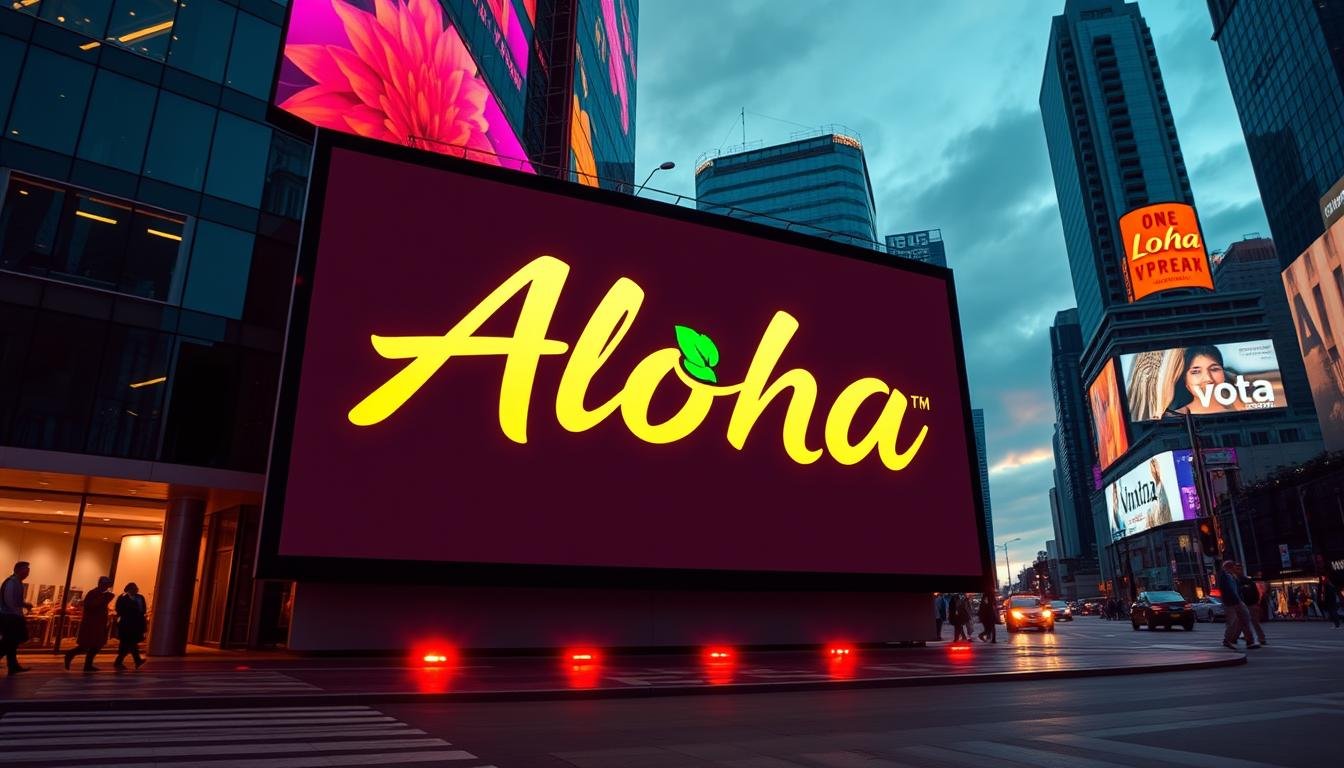 A vibrant projection of the Aloha brand logo displayed on a large, modern advertising screen. The screen is positioned in a dynamic urban setting, with skyscrapers and bustling city life in the background. The projection casts a warm, inviting glow, capturing the essence of the Aloha brand. Intricate shadows and highlights add depth and dimensionality to the scene, creating a visually captivating advertisement. The overall atmosphere is one of energy, sophistication, and a touch of tropical flair, perfectly suited for the creative application of projection lighting in the advertising domain.
