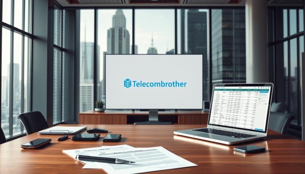 A well-lit, modern office setting with a large wooden desk in the foreground. On the desk, various mobile phones, contract documents, and a laptop displaying a spreadsheet comparing telecom plan features. In the middle ground, a Telecombrother logo is prominently displayed on a sleek monitor, indicating an authoritative source of information. The background features tall windows overlooking a bustling city skyline, conveying a sense of professional expertise and informed decision-making. The overall mood is one of thoughtful analysis and strategic planning, reflecting the subject matter of calculating the true costs of telecom plan offers. A well-lit, modern office setting with a large wooden desk in the foreground. On the desk, various mobile phones, contract documents, and a laptop displaying a spreadsheet comparing telecom plan features. In the middle ground, a Telecombrother logo is prominently displayed on a sleek monitor, indicating an authoritative source of information. The background features tall windows overlooking a bustling city skyline, conveying a sense of professional expertise and informed decision-making. The overall mood is one of thoughtful analysis and strategic planning, reflecting the subject matter of calculating the true costs of telecom plan offers.