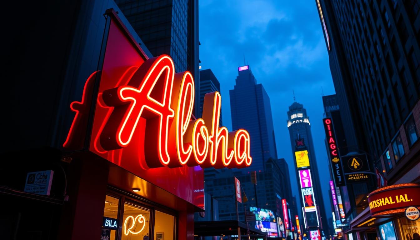 Neon sign storefront in the heart of a bustling city, featuring the Aloha brand prominently displayed in vibrant, flickering lights. The sign stands out against a backdrop of towering skyscrapers and a night sky illuminated by the glow of other neon signs, creating a captivating, atmospheric scene. The neon tubes cast a warm, colorful glow, illuminating the intricate curves and shapes of the Aloha sign. The composition captures the energy and vibrancy of the urban environment, showcasing the iconic application of neon lighting in a modern, commercial setting.