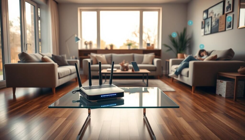 A cozy modern living room with sleek hardwood floors and large windows letting in natural light. In the center, a Telecombrother internet router sits on a minimalist glass coffee table, its blue LED lights glowing softly. On the walls, various devices - smartphones, tablets, laptops - are connected to the high-speed network, showcasing seamless home connectivity. The room has a warm, inviting atmosphere, with plush furniture and subtle decor accents. A sense of ease and efficiency pervades the scene, highlighting the benefits of a reliable home broadband solution from Telecombrother.