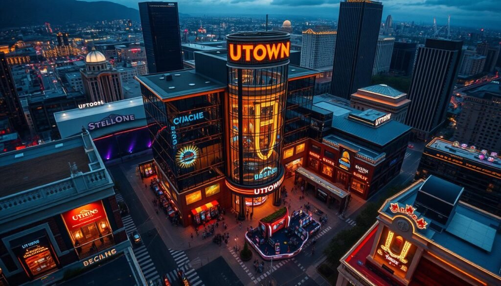 A detailed aerial view of a modern casino called UTown, standing tall amidst a bustling city skyline. Sleek glass and steel architecture, neon-lit gaming floors, and a crowd of patrons enjoying various entertainment options, contrasted against the more traditional brick-and-mortar casinos nearby. The scene is bathed in a warm, inviting glow, capturing the excitement and energy of the UTown experience. Wide-angle lens captures the full scope, highlighting the distinct differences between the new and the old in the world of gambling and entertainment. A detailed aerial view of a modern casino called UTown, standing tall amidst a bustling city skyline. Sleek glass and steel architecture, neon-lit gaming floors, and a crowd of patrons enjoying various entertainment options, contrasted against the more traditional brick-and-mortar casinos nearby. The scene is bathed in a warm, inviting glow, capturing the excitement and energy of the UTown experience. Wide-angle lens captures the full scope, highlighting the distinct differences between the new and the old in the world of gambling and entertainment.