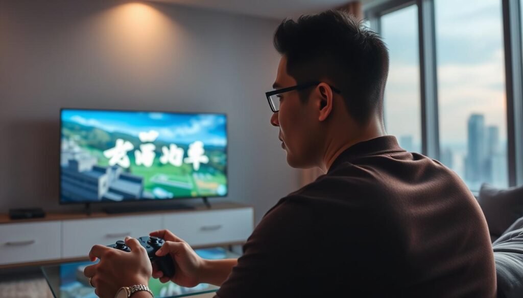 A detailed scene of a man playing the "雷神" video game on a UTown gaming console. The player is intently focused, controller in hand, as the game's vibrant graphics and dramatic lighting illuminate his face. The background features a modern, minimalist living room setting with sleek furniture and a large window overlooking a cityscape. The overall atmosphere conveys a sense of immersion and exploration, reflecting the section's focus on familiarizing oneself with the game's mechanics through the "雷神" free trial. A detailed scene of a man playing the "雷神" video game on a UTown gaming console. The player is intently focused, controller in hand, as the game's vibrant graphics and dramatic lighting illuminate his face. The background features a modern, minimalist living room setting with sleek furniture and a large window overlooking a cityscape. The overall atmosphere conveys a sense of immersion and exploration, reflecting the section's focus on familiarizing oneself with the game's mechanics through the "雷神" free trial.