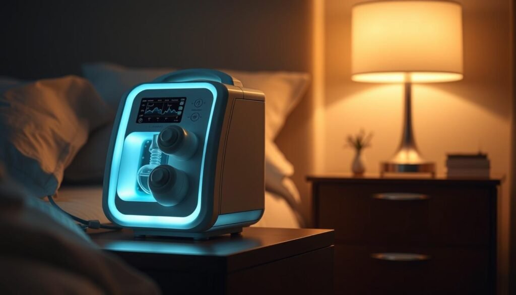 A high-quality, clinical-grade iCareCPAP sleep apnea machine sits prominently on a bedside table, its sleek and modern design reflecting the advanced medical technology inside. The machine's soft, diffused lighting creates a serene, therapeutic atmosphere, complementing the serene, dimly lit bedroom setting. The machine's various controls and displays are clearly visible, showcasing its sophisticated capabilities to monitor and regulate the user's breathing patterns during sleep. The image conveys the importance of this medical device in providing effective and uninterrupted treatment for sleep apnea, a crucial element in the overall wellbeing and health of the patient.