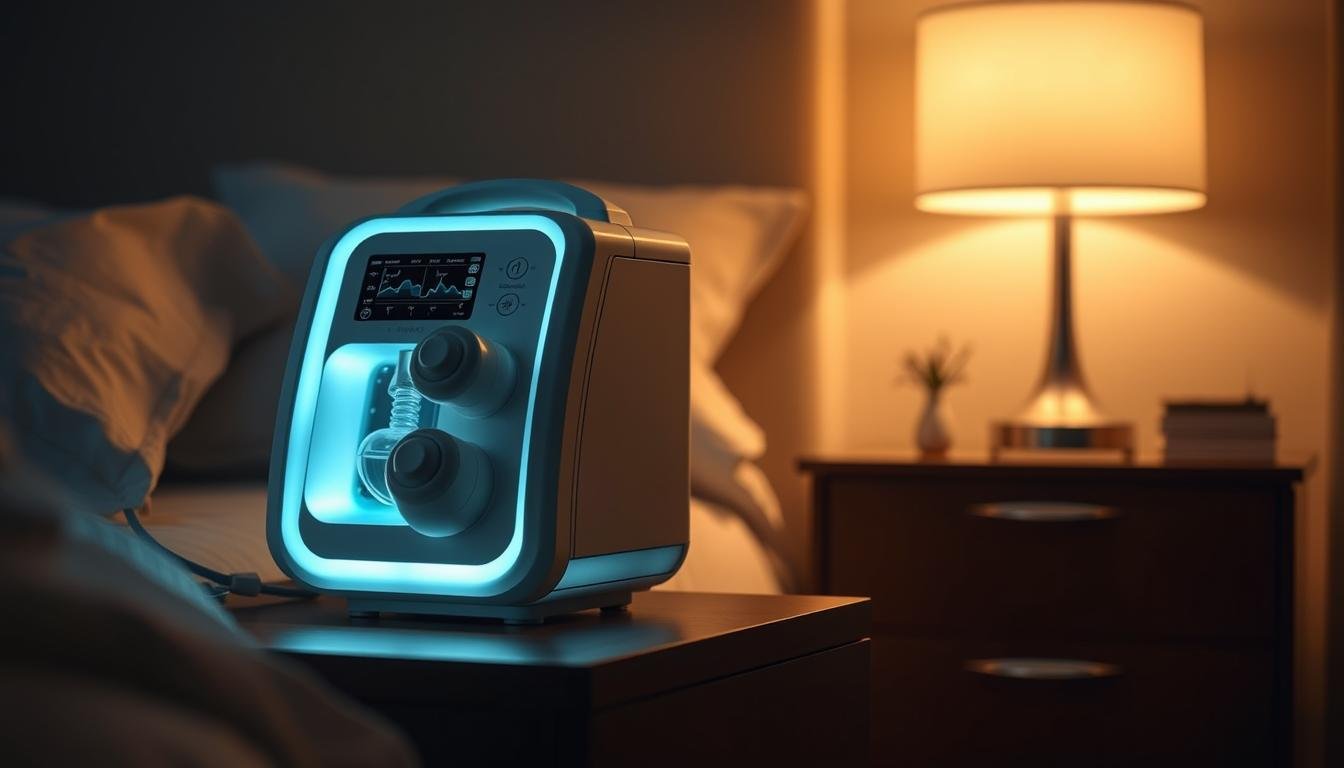 A high-quality, clinical-grade iCareCPAP sleep apnea machine sits prominently on a bedside table, its sleek and modern design reflecting the advanced medical technology inside. The machine's soft, diffused lighting creates a serene, therapeutic atmosphere, complementing the serene, dimly lit bedroom setting. The machine's various controls and displays are clearly visible, showcasing its sophisticated capabilities to monitor and regulate the user's breathing patterns during sleep. The image conveys the importance of this medical device in providing effective and uninterrupted treatment for sleep apnea, a crucial element in the overall wellbeing and health of the patient.