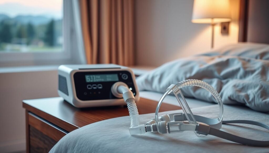 A high-quality medical device, the iCareCPAP sleep apnea machine, rests on a wooden nightstand. The device is sleek and modern, with a digital display and intuitive controls. Soft, diffused lighting illuminates the scene, creating a calming and therapeutic atmosphere. In the foreground, the CPAP mask and tubing are neatly arranged, ready for use. The background features a cozy bedroom setting, with a plush bedding and a window overlooking a peaceful, natural landscape. The overall composition conveys the importance of uninterrupted sleep therapy and the potential risks associated with treatment disruption. A high-quality medical device, the iCareCPAP sleep apnea machine, rests on a wooden nightstand. The device is sleek and modern, with a digital display and intuitive controls. Soft, diffused lighting illuminates the scene, creating a calming and therapeutic atmosphere. In the foreground, the CPAP mask and tubing are neatly arranged, ready for use. The background features a cozy bedroom setting, with a plush bedding and a window overlooking a peaceful, natural landscape. The overall composition conveys the importance of uninterrupted sleep therapy and the potential risks associated with treatment disruption.