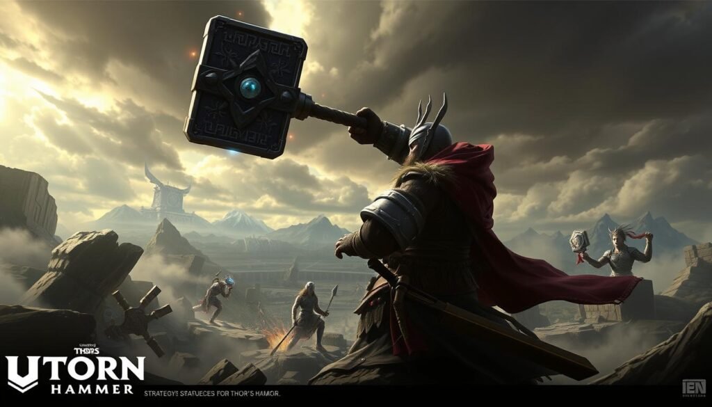 A high-resolution digital illustration showcasing the key gameplay strategies and techniques for the popular video game "UTown's Thor's Hammer". The foreground features a skilled player wielding the mighty Mjolnir hammer, with intricate details of the weapon's design and enchantments. The middle ground depicts the player maneuvering through a fantastical Norse-inspired environment, utilizing the hammer's abilities to navigate obstacles and engage in combat. The background layers include ominous cloudy skies, distant mountains, and subtle Norse rune patterns, creating an atmospheric and immersive setting. The overall mood is one of power, strategy, and the thrill of mastering the game's challenging mechanics. A high-resolution digital illustration showcasing the key gameplay strategies and techniques for the popular video game "UTown's Thor's Hammer". The foreground features a skilled player wielding the mighty Mjolnir hammer, with intricate details of the weapon's design and enchantments. The middle ground depicts the player maneuvering through a fantastical Norse-inspired environment, utilizing the hammer's abilities to navigate obstacles and engage in combat. The background layers include ominous cloudy skies, distant mountains, and subtle Norse rune patterns, creating an atmospheric and immersive setting. The overall mood is one of power, strategy, and the thrill of mastering the game's challenging mechanics.