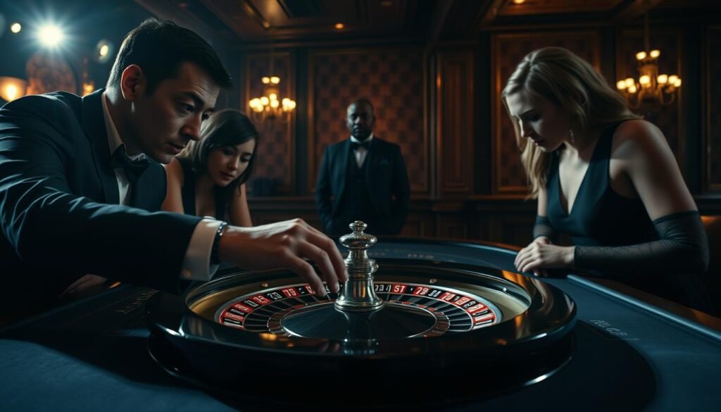 A high-stakes casino setting, dimly lit with chiaroscuro lighting. In the foreground, a croupier's hands deftly manipulating the roulette wheel, surrounded by a UTown-branded gaming table. Focused players lean in, studying the spinning ball with intense concentration. In the background, a shadowy figure stands watching, observing the strategies unfolding. An atmosphere of anticipation and calculated risk pervades the scene, capturing the essence of testing betting strategies within the "雷神試玩" experience. A high-stakes casino setting, dimly lit with chiaroscuro lighting. In the foreground, a croupier's hands deftly manipulating the roulette wheel, surrounded by a UTown-branded gaming table. Focused players lean in, studying the spinning ball with intense concentration. In the background, a shadowy figure stands watching, observing the strategies unfolding. An atmosphere of anticipation and calculated risk pervades the scene, capturing the essence of testing betting strategies within the "雷神試玩" experience.