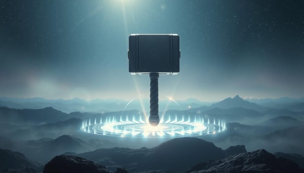 A mystical landscape depicting the rhythmic cycle of the mighty Thor's hammer, Mjolnir, amid swirling cosmic energies. In the foreground, the iconic hammer hovers, its metallic form gleaming under dramatic lighting. The middle ground features an ethereal, pulsating energy field, hinting at the mystical forces that govern the hammer's power. In the background, a vast, starry sky stretches out, with subtle shades of blue and purple creating a sense of depth and wonder. The overall atmosphere evokes a sense of awe and the intricate, cyclical nature of the "UTown" game's narrative. Masterfully crafted to reflect the section title, "掌握雷神之鎚遊戲週期". A mystical landscape depicting the rhythmic cycle of the mighty Thor's hammer, Mjolnir, amid swirling cosmic energies. In the foreground, the iconic hammer hovers, its metallic form gleaming under dramatic lighting. The middle ground features an ethereal, pulsating energy field, hinting at the mystical forces that govern the hammer's power. In the background, a vast, starry sky stretches out, with subtle shades of blue and purple creating a sense of depth and wonder. The overall atmosphere evokes a sense of awe and the intricate, cyclical nature of the "UTown" game's narrative. Masterfully crafted to reflect the section title, "掌握雷神之鎚遊戲週期".