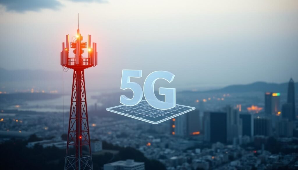 A striking and technologically advanced 5G plan by Telecombrother. In the foreground, a sleek and modern 5G cell tower emitting a soft, ambient glow. The middle ground features a dynamic 3D visualization of data transfer speeds and network coverage, conveying the plan's exceptional capabilities. In the background, a bustling cityscape of the Greater Bay Area, highlighting the plan's suitability for urban environments. The overall scene exudes a sense of innovation, connectivity, and the future of telecommunications, befitting the subject and section title.