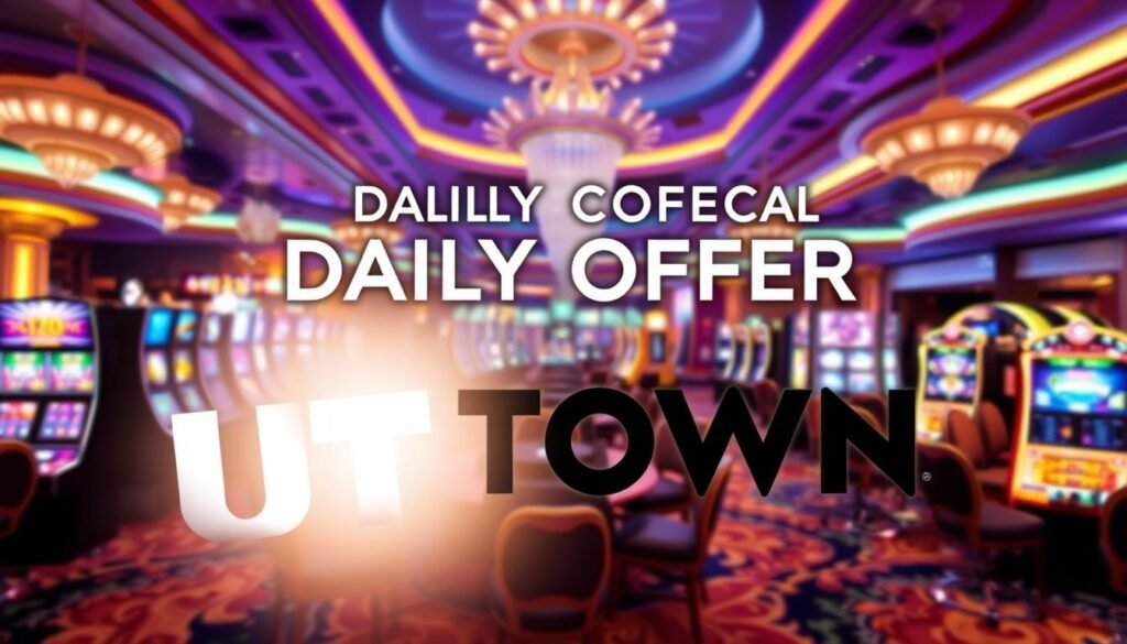 A vibrant daily special offer banner featuring the UTown brand logo in the foreground, with a dynamic and engaging design showcasing various entertainment options like slot machines, card games, and live casino events. The background depicts an elegant casino setting with lush decor, warm lighting, and a sense of excitement and anticipation. The overall composition should convey a visually striking and enticing presentation of the exclusive daily promotions available at UTown Entertainment. A vibrant daily special offer banner featuring the UTown brand logo in the foreground, with a dynamic and engaging design showcasing various entertainment options like slot machines, card games, and live casino events. The background depicts an elegant casino setting with lush decor, warm lighting, and a sense of excitement and anticipation. The overall composition should convey a visually striking and enticing presentation of the exclusive daily promotions available at UTown Entertainment.