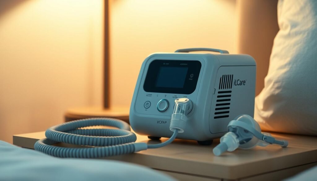 A well-designed iCareCPAP sleep apnea machine on a bedside table, cast in soft, warm lighting. The device has a sleek, modern aesthetic with intuitive controls and a discreet display. Beside it, a coiled hose and comfortable nasal mask rest, ready for use. The background features subtle, calming tones that evoke a peaceful, restful atmosphere - perhaps a neutral-toned wall or soft fabric textures. The composition highlights the machine's essential role in providing effective, reliable sleep therapy, emphasizing its integration into a relaxing, bedroom environment. A well-designed iCareCPAP sleep apnea machine on a bedside table, cast in soft, warm lighting. The device has a sleek, modern aesthetic with intuitive controls and a discreet display. Beside it, a coiled hose and comfortable nasal mask rest, ready for use. The background features subtle, calming tones that evoke a peaceful, restful atmosphere - perhaps a neutral-toned wall or soft fabric textures. The composition highlights the machine's essential role in providing effective, reliable sleep therapy, emphasizing its integration into a relaxing, bedroom environment.