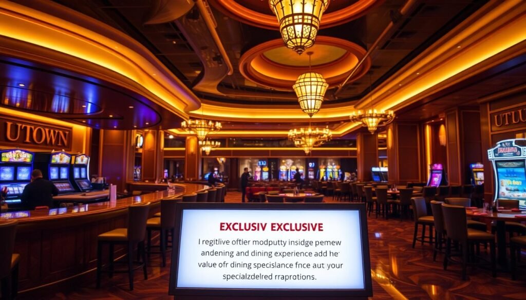 An elegant, luxurious interior of the UTown entertainment complex, bathed in warm, golden lighting. A stylish bar area with polished marble countertops and plush leather seating. In the foreground, a backlit sign displays the daily exclusive offers, tempting visitors to indulge in the venue's premium gaming and dining experiences. The atmosphere exudes an air of exclusivity and refinement, inviting guests to maximize the value of the specialized promotions. An elegant, luxurious interior of the UTown entertainment complex, bathed in warm, golden lighting. A stylish bar area with polished marble countertops and plush leather seating. In the foreground, a backlit sign displays the daily exclusive offers, tempting visitors to indulge in the venue's premium gaming and dining experiences. The atmosphere exudes an air of exclusivity and refinement, inviting guests to maximize the value of the specialized promotions.