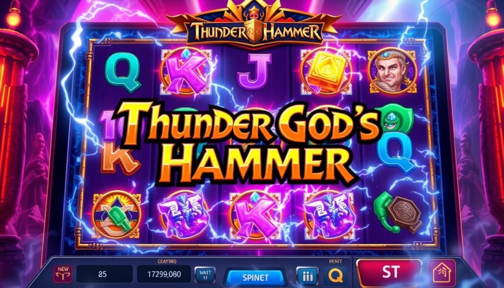 Generate an image of the Thunder God's Hammer Slot Machine game screen. Generate an image of the Thunder God's Hammer Slot Machine game screen.