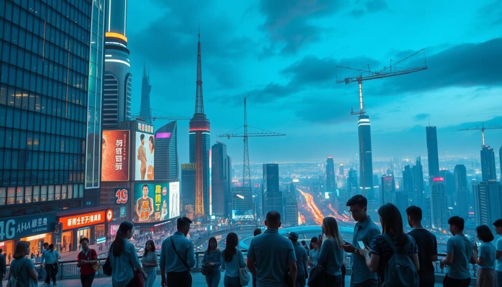 Telecombrother 5G data sharing plan: A dynamic cityscape with futuristic skyscrapers, vibrant neon lights, and bustling streets. In the foreground, a group of people intuitively interacting with their 5G-enabled devices, seamlessly sharing data and content. The middle ground showcases Telecombrother's cutting-edge 5G infrastructure, with towering antennas and a network of interconnected hubs. The background features a panoramic view of a modern, thriving metropolis, symbolizing the comprehensive coverage and seamless connectivity of Telecombrother's 5G plan. The scene conveys a sense of innovation, efficiency, and the transformative power of 5G technology in enhancing urban life. Telecombrother 5G data sharing plan: A dynamic cityscape with futuristic skyscrapers, vibrant neon lights, and bustling streets. In the foreground, a group of people intuitively interacting with their 5G-enabled devices, seamlessly sharing data and content. The middle ground showcases Telecombrother's cutting-edge 5G infrastructure, with towering antennas and a network of interconnected hubs. The background features a panoramic view of a modern, thriving metropolis, symbolizing the comprehensive coverage and seamless connectivity of Telecombrother's 5G plan. The scene conveys a sense of innovation, efficiency, and the transformative power of 5G technology in enhancing urban life.