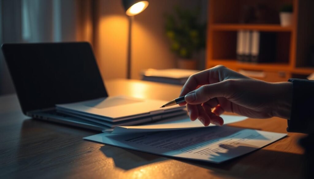 A dimly lit office setting with a wooden desk, a laptop, and a stack of documents. In the foreground, a person's hand holding a pen, seemingly reviewing loan paperwork. Subtle ambient lighting casts a warm, focused glow on the scene, creating a sense of seriousness and professionalism. The background is slightly blurred, hinting at other office elements, conveying a workspace dedicated to financial matters. The overall atmosphere evokes a thoughtful, deliberative mood, reflecting the process of finding a suitable private loan recommendation. A dimly lit office setting with a wooden desk, a laptop, and a stack of documents. In the foreground, a person's hand holding a pen, seemingly reviewing loan paperwork. Subtle ambient lighting casts a warm, focused glow on the scene, creating a sense of seriousness and professionalism. The background is slightly blurred, hinting at other office elements, conveying a workspace dedicated to financial matters. The overall atmosphere evokes a thoughtful, deliberative mood, reflecting the process of finding a suitable private loan recommendation.