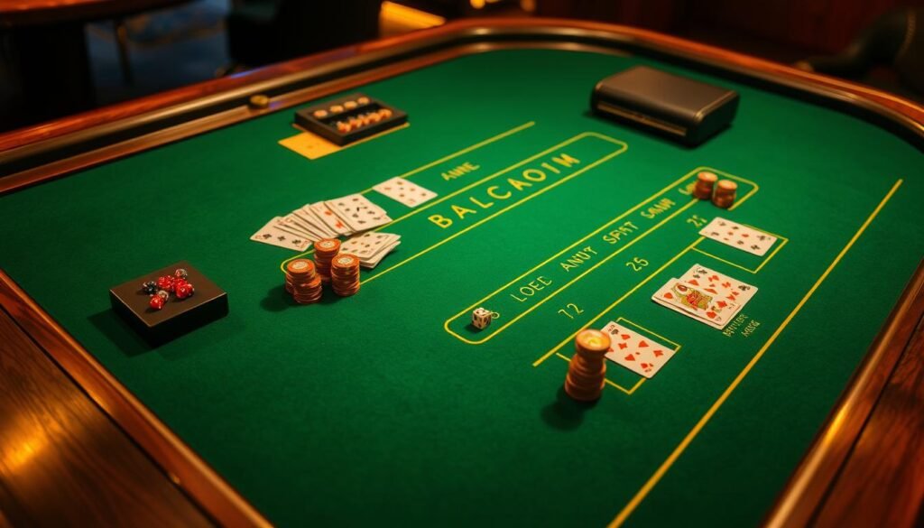A stylish and sophisticated casino table, dimly lit with warm overhead lighting that casts a golden glow. The green felt surface is crisp and inviting, with elegant wooden edges and brass accents. Cards, chips, and dice are neatly arranged, hinting at the excitement of the game. The scene exudes an air of refinement and strategy, reflecting the nuanced rules and techniques of Baccarat. The camera angle is slightly elevated, providing a bird's-eye view that emphasizes the orderly layout and attention to detail. This image captures the essence of mastering the rules to elevate one's gameplay and increase the odds of success. A stylish and sophisticated casino table, dimly lit with warm overhead lighting that casts a golden glow. The green felt surface is crisp and inviting, with elegant wooden edges and brass accents. Cards, chips, and dice are neatly arranged, hinting at the excitement of the game. The scene exudes an air of refinement and strategy, reflecting the nuanced rules and techniques of Baccarat. The camera angle is slightly elevated, providing a bird's-eye view that emphasizes the orderly layout and attention to detail. This image captures the essence of mastering the rules to elevate one's gameplay and increase the odds of success.