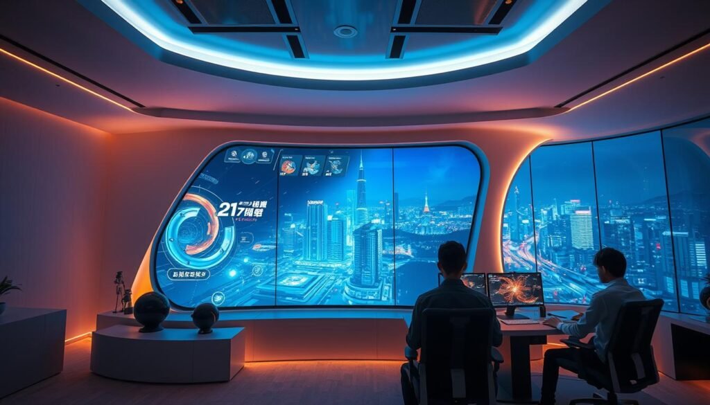 A visually striking digital game design studio, UTown, showcases its innovative gaming experience. The scene depicts a modern, minimalist interior with sleek, geometric shapes and a futuristic ambiance. Soft, diffused lighting bathes the space, creating a warm, inviting atmosphere. In the foreground, a large, curved display showcases the intricate details of a captivating game interface, reflecting the studio's commitment to immersive and visually compelling designs. The middle ground features a group of game developers collaborating at their workstations, their faces illuminated by the glow of multiple screens. The background reveals a panoramic view of a bustling Asian cityscape, hinting at the global reach and cultural influence of UTown's creations. The overall composition conveys a sense of cutting-edge technology, artistic vision, and a deep understanding of the preferences of Asian gaming enthusiasts.