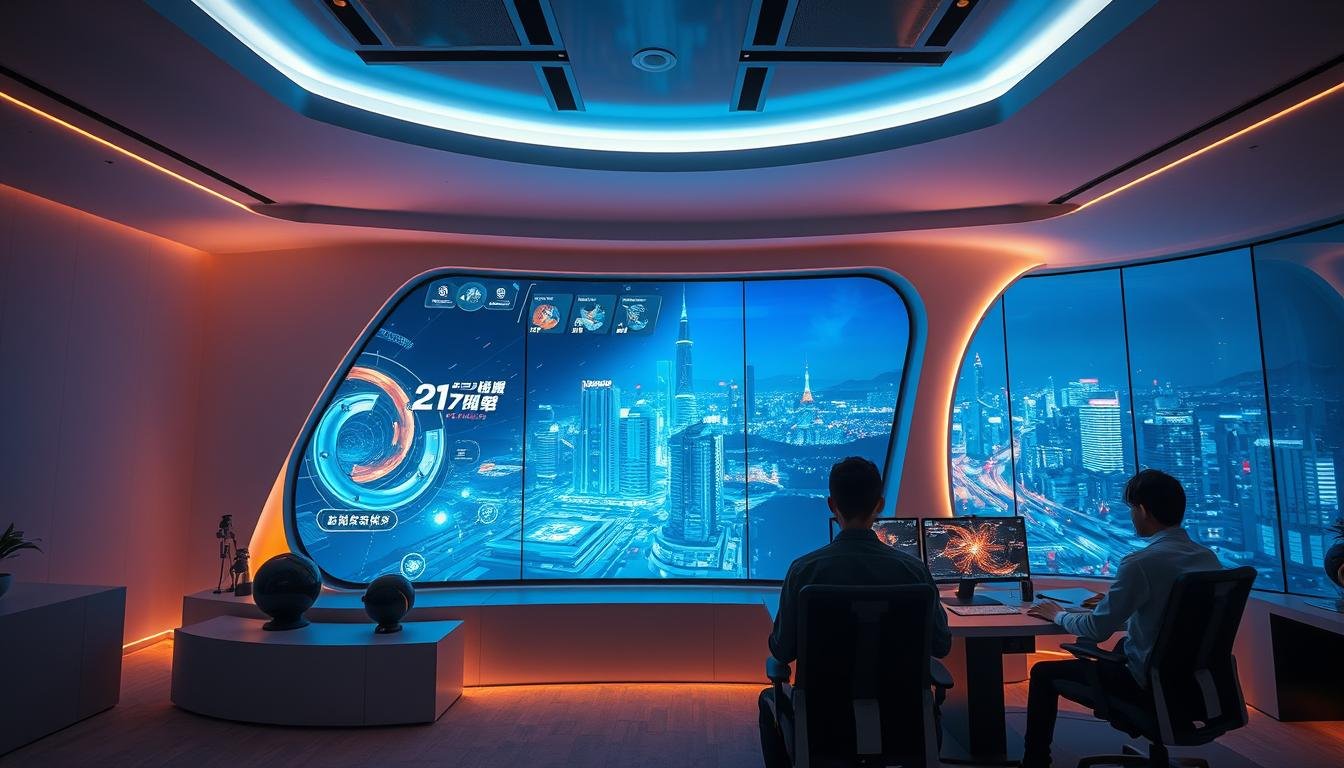 A visually striking digital game design studio, UTown, showcases its innovative gaming experience. The scene depicts a modern, minimalist interior with sleek, geometric shapes and a futuristic ambiance. Soft, diffused lighting bathes the space, creating a warm, inviting atmosphere. In the foreground, a large, curved display showcases the intricate details of a captivating game interface, reflecting the studio's commitment to immersive and visually compelling designs. The middle ground features a group of game developers collaborating at their workstations, their faces illuminated by the glow of multiple screens. The background reveals a panoramic view of a bustling Asian cityscape, hinting at the global reach and cultural influence of UTown's creations. The overall composition conveys a sense of cutting-edge technology, artistic vision, and a deep understanding of the preferences of Asian gaming enthusiasts.
