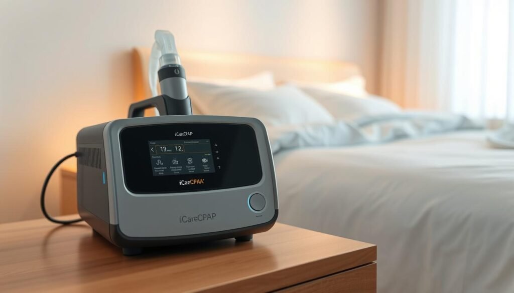 A professional-grade iCareCPAP sleep apnea machine resting on a bedside table. The device has a sleek, modern design with a large digital display and intuitive controls. The machine is positioned in the foreground, with a soft, warm lighting illuminating its features. In the middle ground, a comfortable bed with crisp, white linens sets the serene, sleep-inducing atmosphere. The background features a soothing, neutral-toned wall, creating a calming, minimalist environment. The overall scene conveys the basic concept and functionality of a sleep apnea machine, ready to provide personalized, high-quality respiratory therapy. A professional-grade iCareCPAP sleep apnea machine resting on a bedside table. The device has a sleek, modern design with a large digital display and intuitive controls. The machine is positioned in the foreground, with a soft, warm lighting illuminating its features. In the middle ground, a comfortable bed with crisp, white linens sets the serene, sleep-inducing atmosphere. The background features a soothing, neutral-toned wall, creating a calming, minimalist environment. The overall scene conveys the basic concept and functionality of a sleep apnea machine, ready to provide personalized, high-quality respiratory therapy.