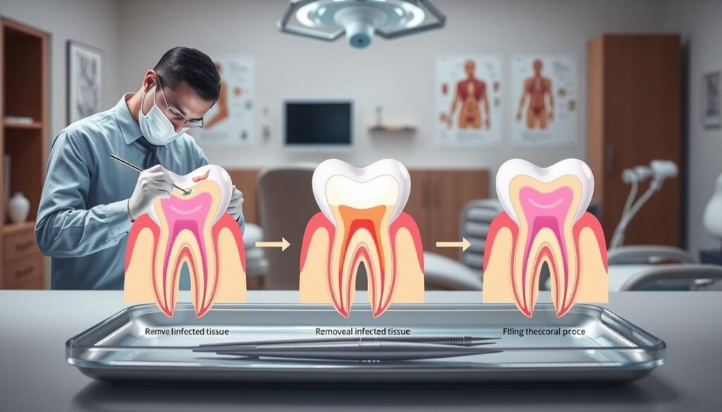 A detailed illustration of the root canal treatment process, featuring multiple stages depicted clearly. In the foreground, a dentist in professional attire is shown carefully working on a patient's tooth with specialized equipment. The middle section includes a magnified view of the tooth anatomy, showcasing the root canal system with highlighted areas indicating the removal of infected tissue and filling process. In the background, a well-lit dental office environment is visible, with dental tools organized neatly on a tray and anatomical charts on the walls. Soft, clinical lighting illuminates the scene, creating a professional and educational atmosphere, focusing on the importance of root canal treatment for patient comfort and health.
