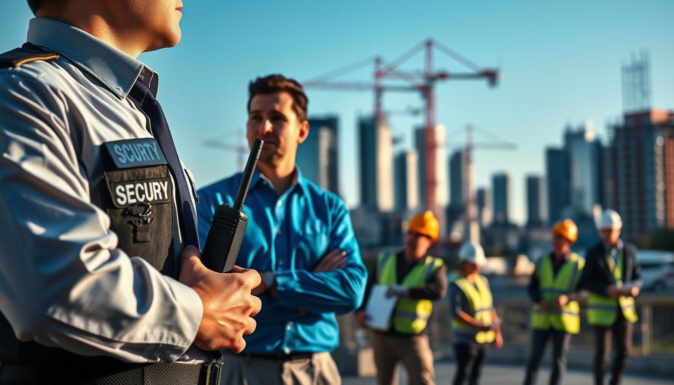 A professional security service scene showcasing diverse industry environments, including a corporate office and a construction site. In the foreground, a vigilant security officer in a formal uniform observes, holding a radio, embodying alertness and professionalism. The middle ground features diverse workers, including an engineer and an office manager, engaged in their tasks, highlighting the collaboration between security and various roles. In the background, a city skyline extends under a clear blue sky, with construction cranes and modern office buildings, enhancing the industry context. Soft afternoon lighting casts warm shadows, creating a sense of safety and productivity. The atmosphere is focused and professional, capturing the essence of security services tailored to different industry needs.