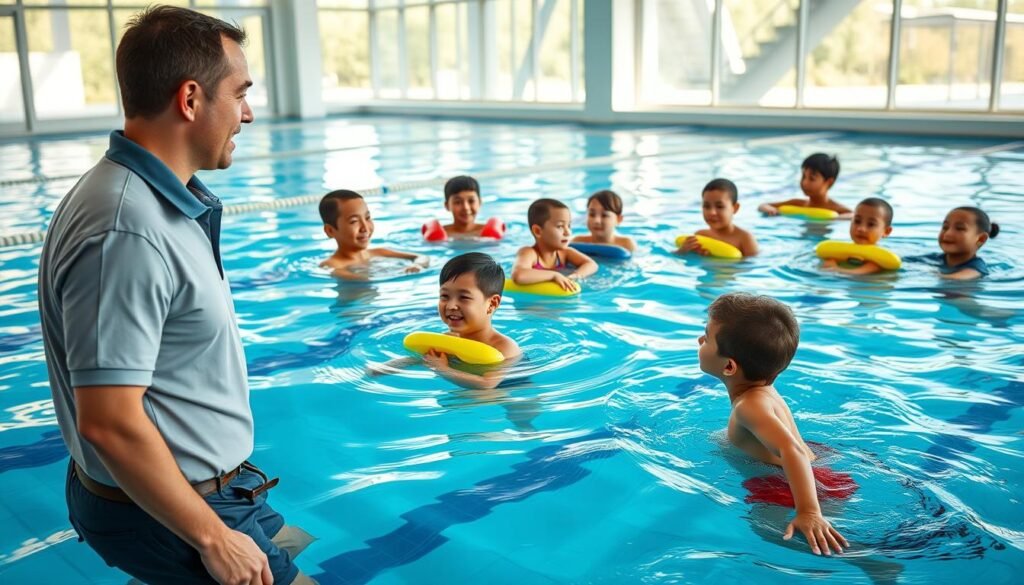 A professional swimming coach guides a group of enthusiastic learners in a bright, spacious indoor swimming pool. In the foreground, the coach, wearing a modest polo shirt and swim shorts, demonstrates proper swimming techniques, encouraging a young learner, who is attentively listening and practicing their strokes. In the middle, several diverse students of varying ages and skill levels are practicing in the water, some using flotation devices to assist their learning. The background features large windows allowing natural light to fill the pool area, casting reflections on the water. The atmosphere is energetic and focused, emphasizing teamwork and skill development. The pool's tiles are blue, enhancing the serene aquatic environment, while the scene captures the essence of a supportive and educational swimming class, highlighting the importance of choosing the right swimming program.