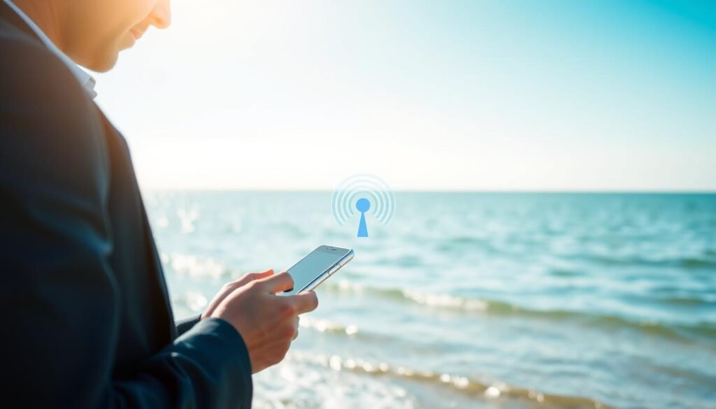 A serene coastal scene featuring a person in professional business attire using a smartphone to enhance connectivity, emphasizing the stability of notifications. The foreground showcases the individual, focused and engaged, with gentle ocean waves lapping at the shore. In the middle ground, a subtle connection of mobile signals is illustrated, symbolizing stable communication. The background reveals a clear blue sky, with soft sunlight filtering through, creating a warm and optimistic atmosphere. The angle captures the scene from a slightly elevated perspective, highlighting the balance between technology and nature. The overall mood is one of calm efficiency, portraying the simplicity of maintaining reliable communication while abroad.