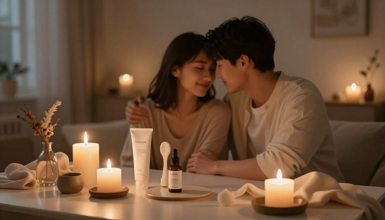 A serene and intimate setting that embodies the psychological impact of intimacy-enhancing products. In the foreground, a beautifully arranged table features elegant romantic items, such as candles, soft fabrics, and tasteful decorative elements that evoke connection and warmth. In the middle ground, a couple dressed in modest casual clothing shares a soft, genuine moment together, their expressions conveying trust and emotional closeness. The background showcases a softly lit room with warm, ambient lighting, creating a cozy atmosphere, reminiscent of a peaceful evening. The overall mood is inviting and tender, emphasizing emotional wellbeing and the positive psychological influences of intimacy tools. The composition captures a cinematic vibe with a 4:3 aspect ratio.