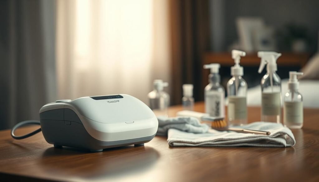 A clean, well-maintained iCareCPAP sleep apnea machine resting on a wooden surface. The device is shown in the foreground, with a soft, diffused lighting from the side, creating subtle shadows and highlights that emphasize its sleek, modern design. In the middle ground, various cleaning tools and supplies, such as a soft cloth, a brush, and a solution bottle, are neatly arranged, suggesting a routine maintenance process. The background is blurred, creating a sense of depth and focus on the machine and the cleaning process. The overall atmosphere is calm, serene, and conveys the importance of proper care and maintenance for the iCareCPAP sleep apnea machine. A clean, well-maintained iCareCPAP sleep apnea machine resting on a wooden surface. The device is shown in the foreground, with a soft, diffused lighting from the side, creating subtle shadows and highlights that emphasize its sleek, modern design. In the middle ground, various cleaning tools and supplies, such as a soft cloth, a brush, and a solution bottle, are neatly arranged, suggesting a routine maintenance process. The background is blurred, creating a sense of depth and focus on the machine and the cleaning process. The overall atmosphere is calm, serene, and conveys the importance of proper care and maintenance for the iCareCPAP sleep apnea machine.