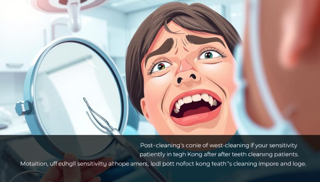 A close-up illustration of a person examining their teeth in a well-lit dental office setting. The foreground features a dental mirror and a gentle reflection of a worried patient displaying sensitivity in their expression while looking at their teeth. In the middle, there are dental tools, such as a scaler and suction device, artistically arranged to highlight the professional cleaning process. The background shows a clean, modern dental environment with soft blue and white tones, creating a calming atmosphere. The lighting is bright yet soft, focusing on the dental area to denote cleanliness. The mood is informative and slightly apprehensive, emphasizing the importance of post-cleaning dental care and the common sensitivity issues faced by patients in Hong Kong after teeth cleaning.