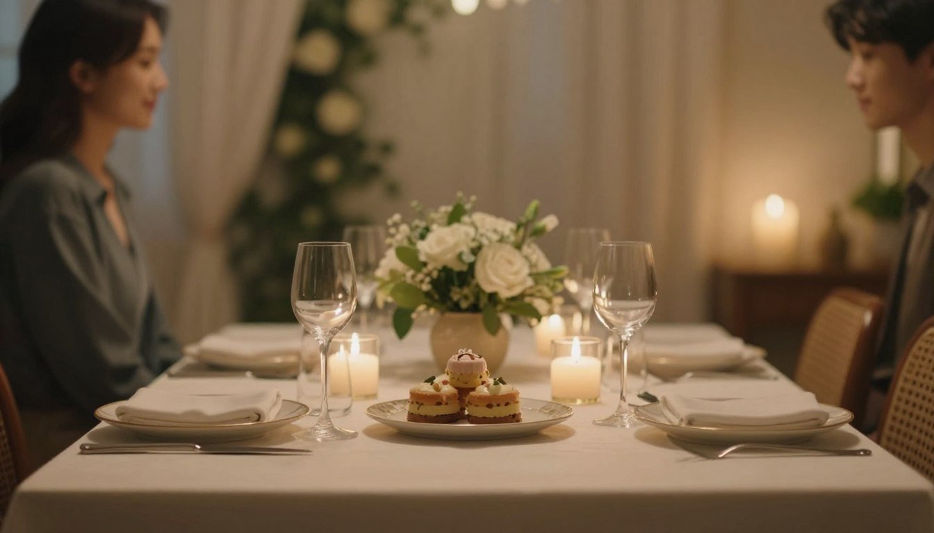 A cozy and intimate setting featuring a beautifully arranged romantic table for two, softly illuminated by warm ambient lighting. In the foreground, tasteful and elegant pieces of intimate accessories are artistically displayed, suggesting a theme of closeness and connection between partners. The middle ground includes a backdrop of a softly blurred romantic environment, enhanced by touches of greenery and soft fabric drapes that evoke a feeling of warmth and safety. The use of a wide aperture creates a shallow depth of field, drawing focus to the accessories while gently blurring the surroundings. The atmosphere is cinematic and inviting, encouraging a sense of trust and togetherness, perfect for couples looking to enhance their relationship. The shot is framed in a 4:3 aspect ratio for a classic look.