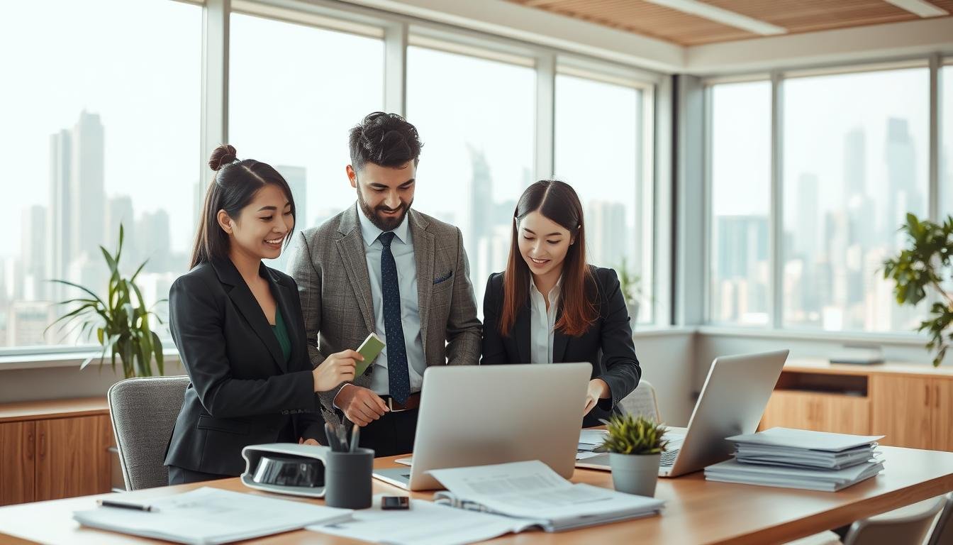 A modern office scene depicting a business registration service environment. In the foreground, a diverse group of three professionals, a male and a female, dressed in smart business attire, are engaged in a discussion over a laptop, showcasing collaboration and decision-making. The middle layer features an organized desk cluttered with documents, a business plan, and a plant for a touch of greenery. In the background, large windows reveal a view of Hong Kong's skyline, hinting at a vibrant economic environment. Soft, natural lighting floods the scene, creating a warm and inviting atmosphere. The image conveys professionalism and support for startups, highlighting a sense of trust and opportunity in business formation services.