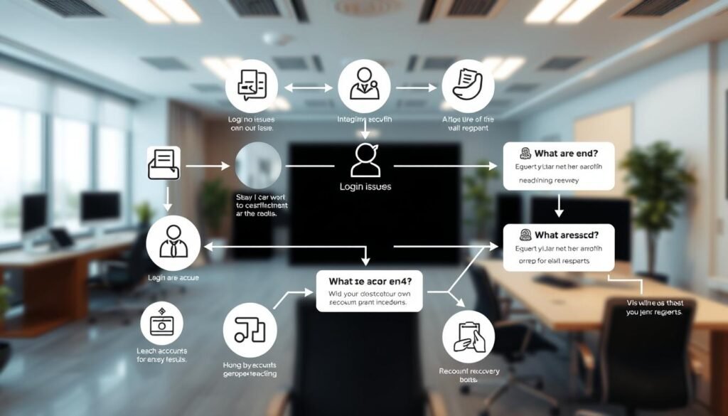 A detailed and informative flowchart illustrating the account recovery process for "3A" entertainment platform. In the foreground, feature clear icons representing login issues, identity verification steps, and successful recovery outcomes. In the middle, connect these icons with bold arrows and lines, emphasizing progression through the recovery stages. The background should be a clean, modern office environment with soft lighting to suggest professionalism and clarity. Use a top-down perspective to give a comprehensive view of the flowchart. The overall mood should be informative, emphasizing ease of completion and support, while ensuring all elements are neatly aligned and visually appealing.