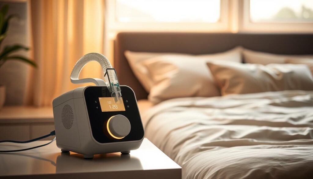 A modern CPAP machine prominently displayed in the foreground on a sleek bedside table, with a warm, soft light illuminating it to highlight its features. In the middle ground, a comfortable bedroom setting includes a cozy bed with fluffy pillows and a light-colored duvet. A gentle vapor rises from the CPAP machine, implying the presence of a built-in humidifier. The background features a window with light curtains, allowing serene morning sunlight to filter in, creating a calming atmosphere. The overall ambiance is peaceful and inviting, emphasizing the importance of restful sleep for those with nasal sensitivities. The image composition captures both the machine and the comfort of its intended use, promoting a sense of relief and well-being.