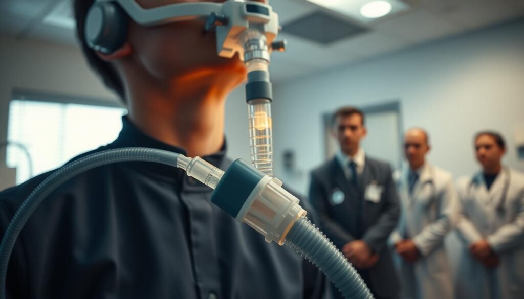 A close-up view of a respiratory machine in a well-lit medical setting, emphasizing its intricate mechanics and tubing connected to a patient's throat, showcasing how it interacts with the vocal cords. In the foreground, focus on the delicate anatomy of human vocal cords, displayed in a realistic and educational manner, with subtle highlights to illustrate their health and responsiveness. The middle ground should show the respiratory machine in use, with a soft, warm light creating an atmosphere of clinical professionalism. In the background, a blurred hospital environment with medical professionals in modest attire, observing the procedure, enhancing the clinical context. The overall mood is serious yet hopeful, conveying the importance of understanding the impact of respiratory machines on vocal health.