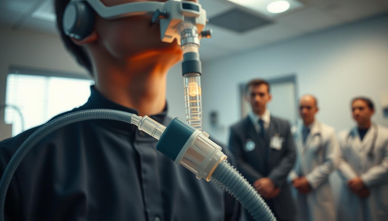 A close-up view of a respiratory machine in a well-lit medical setting, emphasizing its intricate mechanics and tubing connected to a patient's throat, showcasing how it interacts with the vocal cords. In the foreground, focus on the delicate anatomy of human vocal cords, displayed in a realistic and educational manner, with subtle highlights to illustrate their health and responsiveness. The middle ground should show the respiratory machine in use, with a soft, warm light creating an atmosphere of clinical professionalism. In the background, a blurred hospital environment with medical professionals in modest attire, observing the procedure, enhancing the clinical context. The overall mood is serious yet hopeful, conveying the importance of understanding the impact of respiratory machines on vocal health.