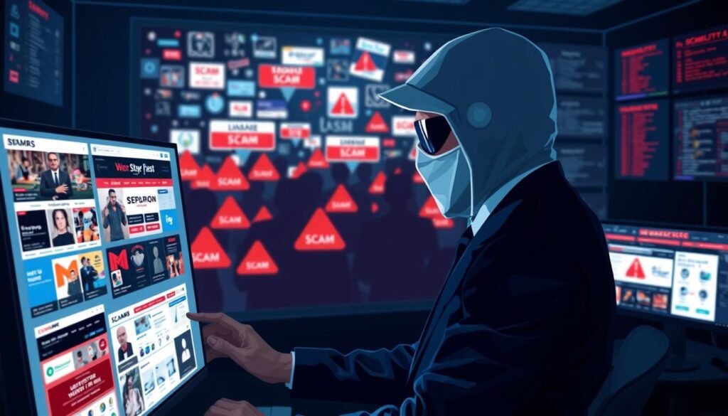 A detailed illustration of a cybersecurity scene focused on online gambling scams targeting fraudulent 3A websites. In the foreground, a white-hat hacker in professional business attire is examining a computer screen filled with suspicious website designs, showcasing common deceptive elements such as fake logos and misleading banners. The middle ground features a blurred image of a chaotic digital landscape with various scam websites, represented as shadowy figures with red warning symbols, emphasizing danger. In the background, a dark room lit by the glow of multiple screens and monitors displaying security data and alerts, creating a tense and serious atmosphere. The lighting should be moody yet focused, highlighting the hacker's concentration on detecting scams, while the overall color palette leans towards dark blues and greys, underscoring the theme of vigilance and caution against online fraud.