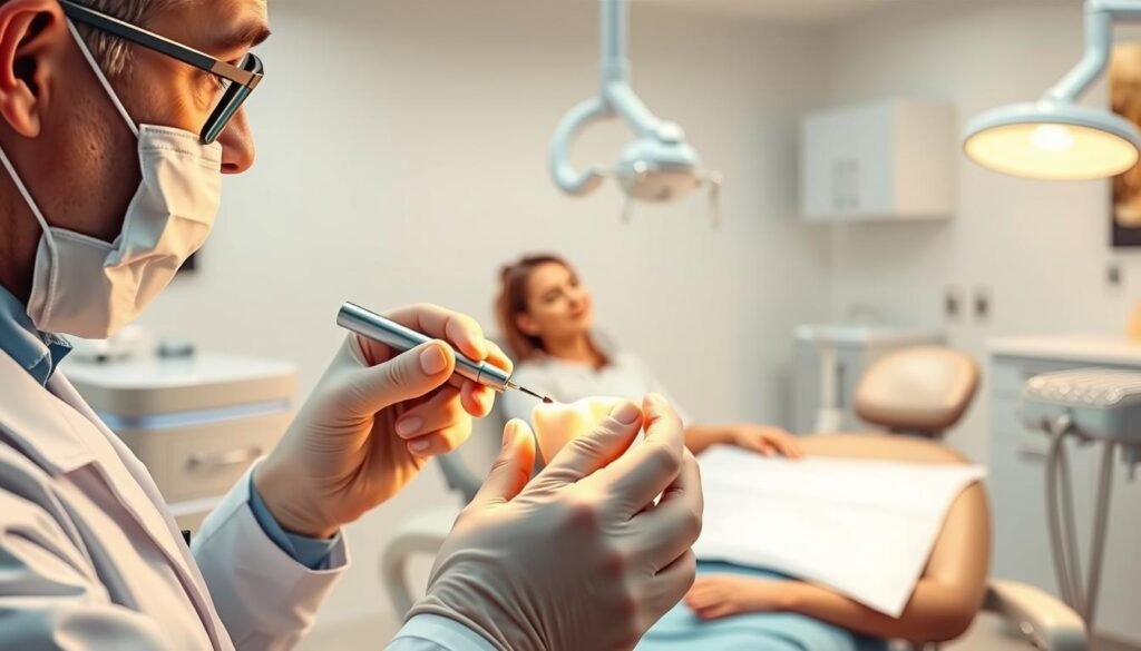 A detailed illustration of the "Vital Pulp Test Procedure" as part of dental practice, featuring a focused dentist in professional attire conducting the test on a patient. In the foreground, show the dentist using a special tool to apply a mild stimulus to the tooth, with a close-up view of the tooth and the tool's interaction. In the middle, depict the patient sitting in a dental chair, looking relaxed yet attentive, surrounded by dental instruments and equipment. In the background, create a serene dental clinic environment, with soft lighting that emphasizes a professional atmosphere. Use warm tones to convey a sense of care and precision, ensuring the composition is clean and educational, without any text or distractions.