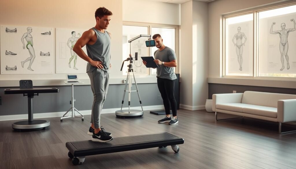 A modern rehabilitation clinic setting focused on ACL recovery. In the foreground, a dedicated athlete in modest sportswear is undergoing a dynamic balance test on a specialized balance board, showcasing intense concentration and determination. The middle ground features a physical therapist measuring metrics with advanced equipment, such as force plates and motion capture technology. In the background, large windows let in natural light, casting a warm ambiance over sleek, minimalist furniture. The walls are adorned with diagrams of the knee joint and various athletic movements that imply scientific analysis. The atmosphere is professional yet encouraging, emphasizing the dedication and precision required in the recovery process. Soft lighting enhances the focus on the athletes and equipment, highlighting their importance in the rehabilitation journey.