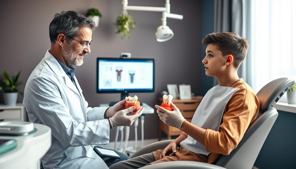 A professional dental clinic environment showcasing the dental implant process for young patients. In the foreground, a caring dentist in a white coat and gloves is explaining the procedure to a concerned yet hopeful teenager sitting in a modern dental chair, wearing a protective bib. The dentist holds a dental model showing an implant, creating a dynamic interaction. In the middle, dental instruments and a computer screen displaying informative diagrams are visible, emphasizing the advanced technology used. The background features calming colors with soft lighting, hanging plants, and a window with natural light filtering in, creating a serene atmosphere. The room should feel welcoming and supportive, conveying the importance of careful consideration in dental procedures for young athletes.