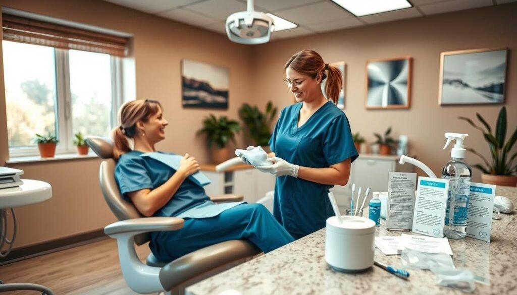 A warm and inviting dental clinic room with soft, natural lighting filtering through large windows. In the foreground, a dental hygienist in professional scrubs gently tending to a patient sitting upright in a dental chair, demonstrating post-operative care for wisdom teeth removal. The hygienist is holding a safe, sterile ice pack and offering comforting advice. In the middle ground, a well-organized countertop shows a variety of dental care items like toothbrushes, antiseptic rinse, and instructional pamphlets about post-operative care. The background features calming images on the walls and potted plants to create a healing atmosphere, evoking a sense of professionalism and care in dental health services.