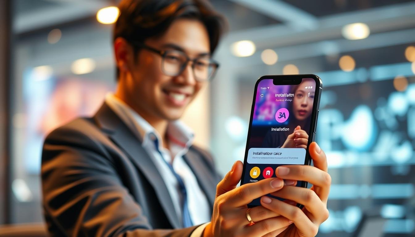 An instructional image illustrating the installation guide for the 3A Entertainment App on mobile devices. In the foreground, a close-up view of a smartphone displaying the installation screen with vibrant icons and a user-friendly interface. In the middle, a professional-looking individual, dressed in smart casual attire, is interactively demonstrating the app installation process with focused attention and a smile. The background features a soft, blurred tech-themed setting with subtle lighting that enhances the modern atmosphere, hinting at mobile technology and connectivity. Use warm lighting to create an inviting mood, with a shallow depth of field to emphasize the smartphone and the individual’s actions. The overall composition should convey a sense of ease and professionalism in technology use.