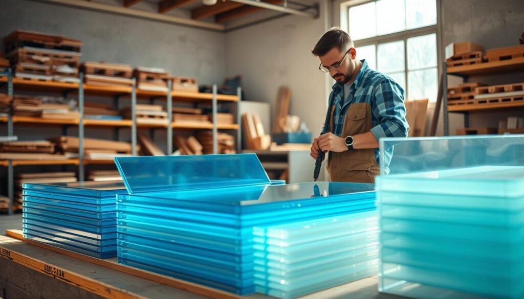 A clear, high-resolution image of flat polycarbonate sheets displayed in a well-lit workshop environment. In the foreground, vibrant blue and clear polycarbonate sheets are stacked and positioned at various angles, showcasing their transparency and thickness. The middle ground features a skilled craftsman in modest casual clothing carefully measuring the sheets with precision tools. The background includes shelves filled with various construction materials, creating an organized and professional atmosphere. Natural light streams through a nearby window, casting soft shadows that enhance the texture of the sheets. The overall mood is industrious and informative, ideal for illustrating the benefits of flat polycarbonate sheets in construction projects.