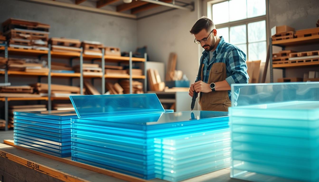 A clear, high-resolution image of flat polycarbonate sheets displayed in a well-lit workshop environment. In the foreground, vibrant blue and clear polycarbonate sheets are stacked and positioned at various angles, showcasing their transparency and thickness. The middle ground features a skilled craftsman in modest casual clothing carefully measuring the sheets with precision tools. The background includes shelves filled with various construction materials, creating an organized and professional atmosphere. Natural light streams through a nearby window, casting soft shadows that enhance the texture of the sheets. The overall mood is industrious and informative, ideal for illustrating the benefits of flat polycarbonate sheets in construction projects.