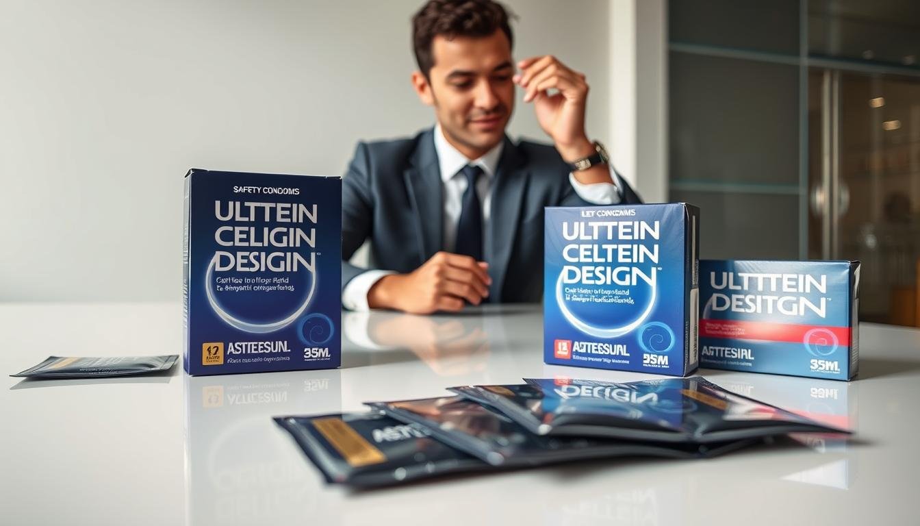A close-up image of a variety of ultra-thin safety condoms displayed on a sleek white surface, emphasizing their width and design. The foreground features several condoms neatly arranged, showcasing their packaging that highlights different widths and safety features. The middle ground has a professional individual, dressed in business attire, examining the condoms, providing a sense of scale and context. The background is softly blurred, hinting at a clean, modern office environment to maintain focus on the products. The lighting is bright and even, with a focus on clarity and detail, creating an informative and professional atmosphere that invites curiosity about safety and width in condom selection.