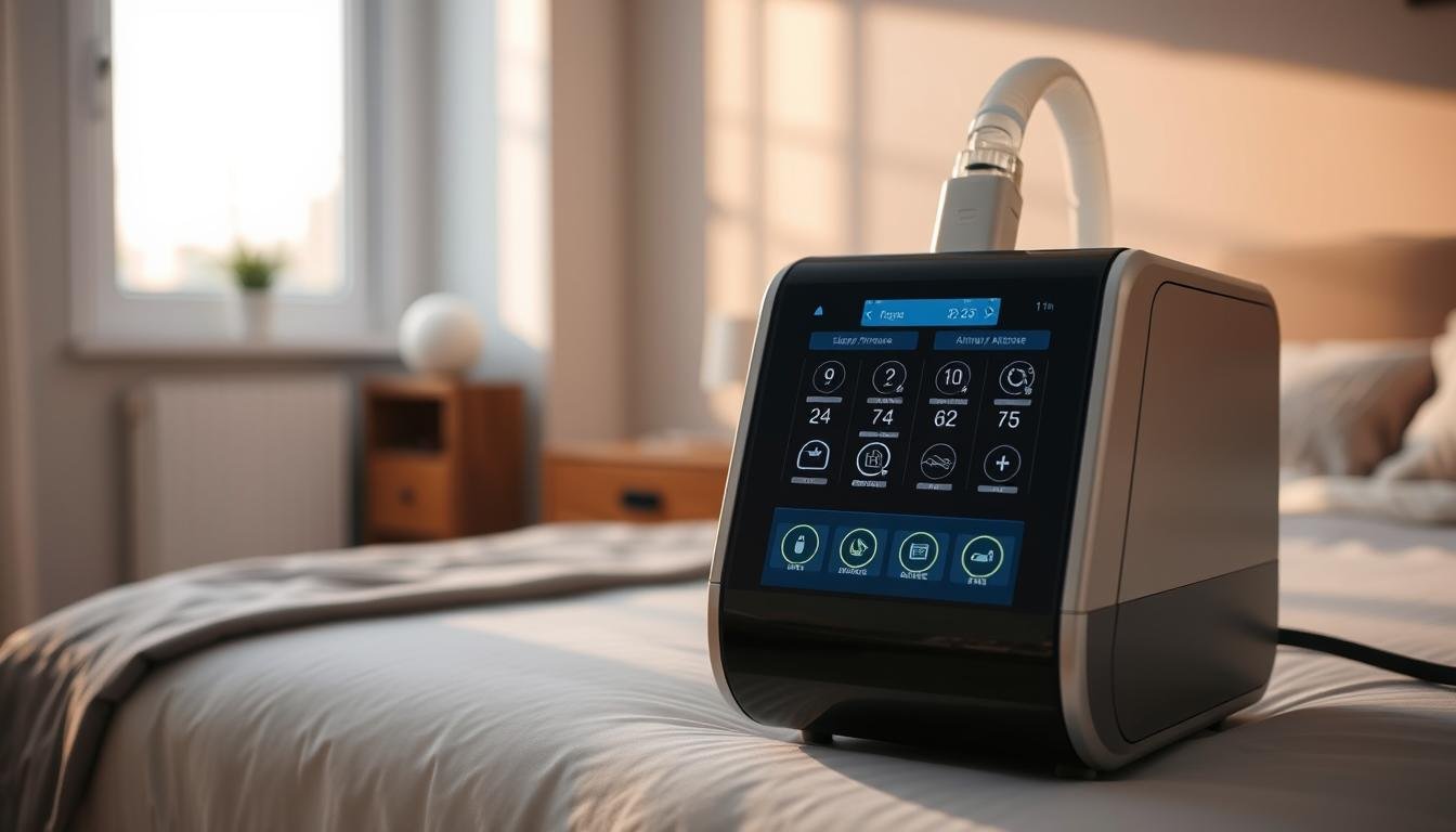 A high-tech sleep apnea machine prominently displayed in a well-lit, modern bedroom setting. In the foreground, the sleek machine features a digital interface showing various function icons, depicting its capabilities like airway pressure adjustments and data tracking. The middle ground includes a neatly made bed with soft, inviting bedding, conveying a sense of comfort. The background features gentle, calming colors on the walls and a window with soft, ambient light filtering through, enhancing the tranquil atmosphere. Soft shadows suggest late afternoon, emphasizing relaxation. The overall mood should feel serene and reassuring, inviting viewers to consider the benefits of sleep apnea therapy without distractions.